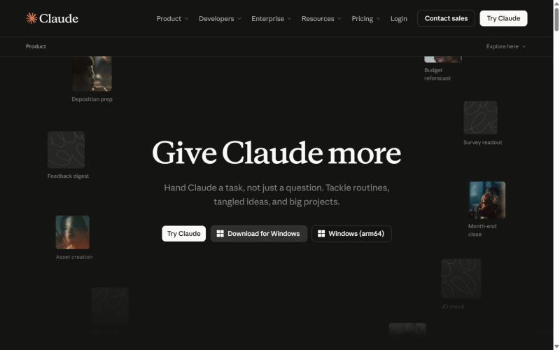 Главная страница Claude на claude.com: заголовок «Give Claude more» и кнопки загрузки приложения для Windows