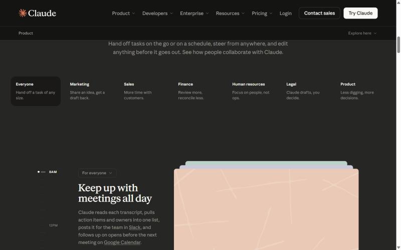 Раздел «Put Claude to work» на claude.com: сценарии использования Claude для разных ролей